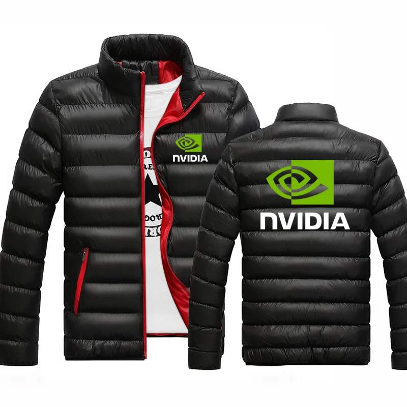 2025 Autumn Winter New Men's NVIDIA Logo Print Popular Solid Color Cardigan Loose Coat Fashion Stand Collar Zipper Padded Jacket