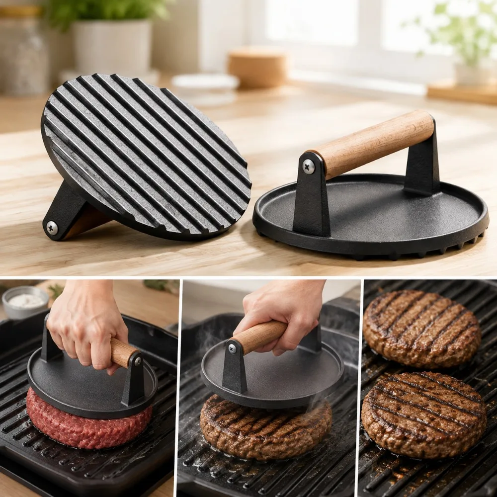 Cast Iron Meat Press Burger Press with Wooden Handle Square Round Meat Flattener Grill BBQ Kitchen Cooking Tool
