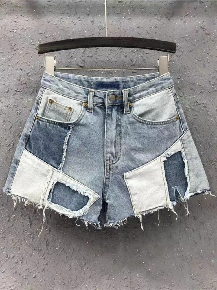 

Design Gyaru Shorts Patchwork Hole Raw Edge Contrast Color High Waist Jeans Summer Female Slim Fashion Vintage Women Clothing