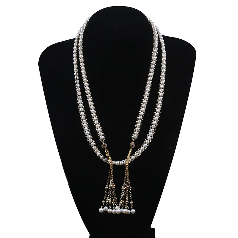 Chic High Quality Freshwater Pearl Long Gold Chain Necklace Tassel Pendant Necklace