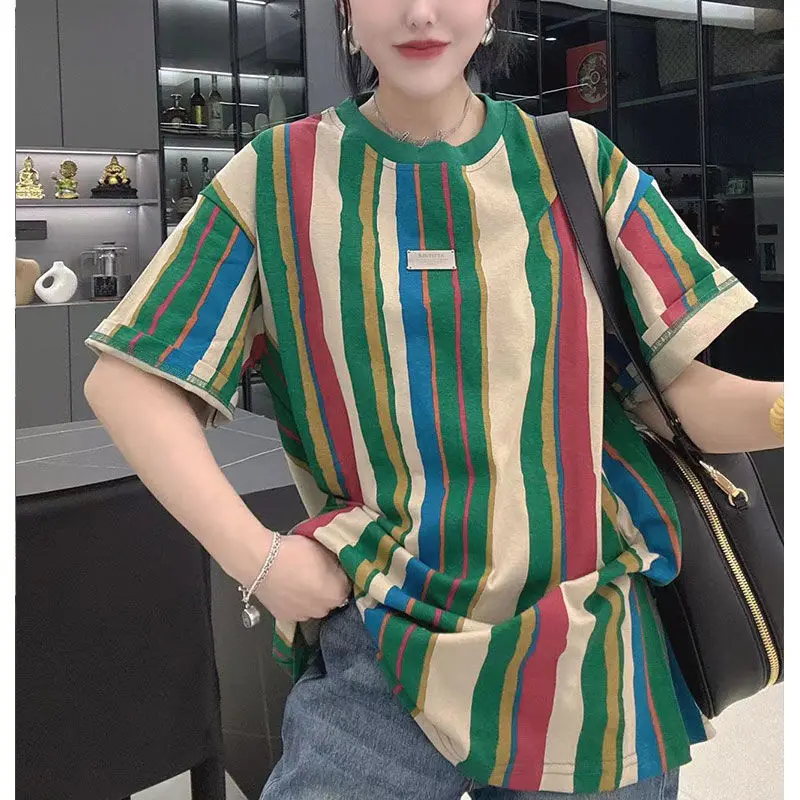 

Women's Clothing Summer New Korean Trendy Striped Patchwork Epaulet Casual All-match Loose Crew Neck Short Sleeve T-shirts Tops