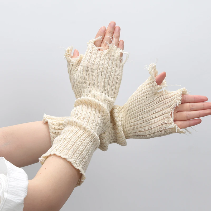 New Girl Gloves Black  Beige Tattered Punk Unisex Fingerless Cuff Knit Glove Women Men Elbow Mittens Broken Arm Warmer Gloves