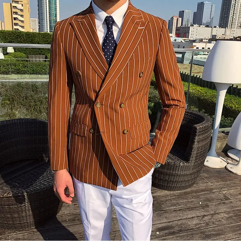 

One PCS Brown Striped Men Suits Blazer Wedding Bridegroom Business Groom Tuxedo Jacket Formal Double Breasted Party Prom Coat