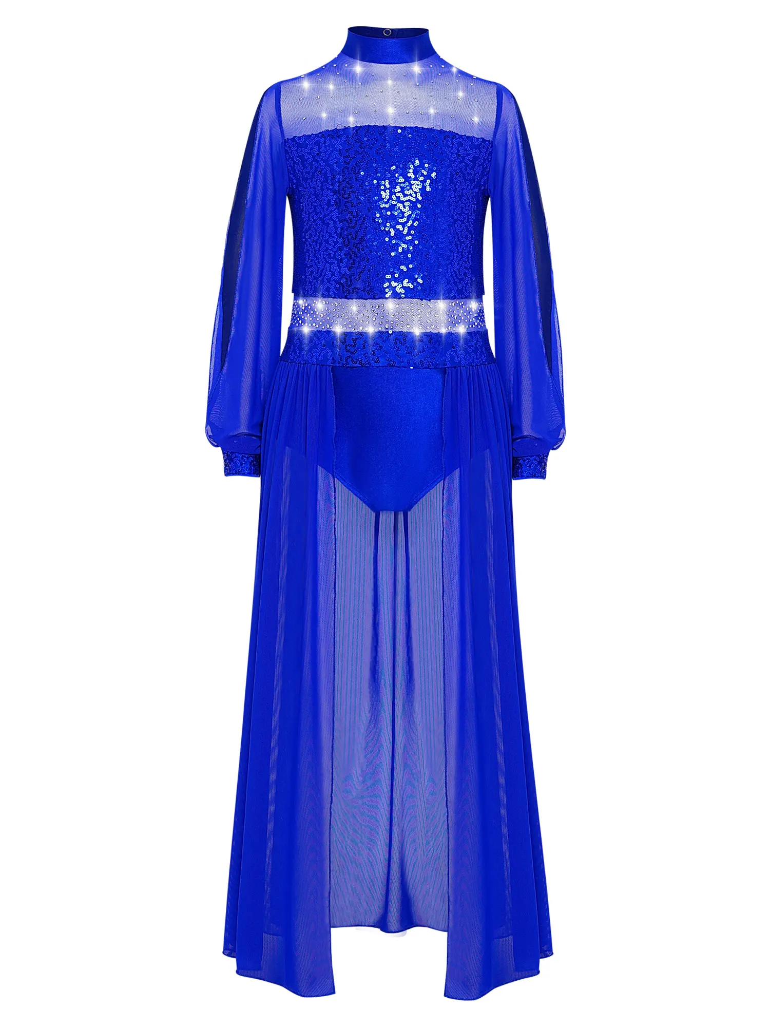 

Girls Lyrical Ballroom Jazz Dance Costume Split Long Sleeves Sheer Mesh Skirt Cover Leotard Sequins Modern Performance Bodysuits