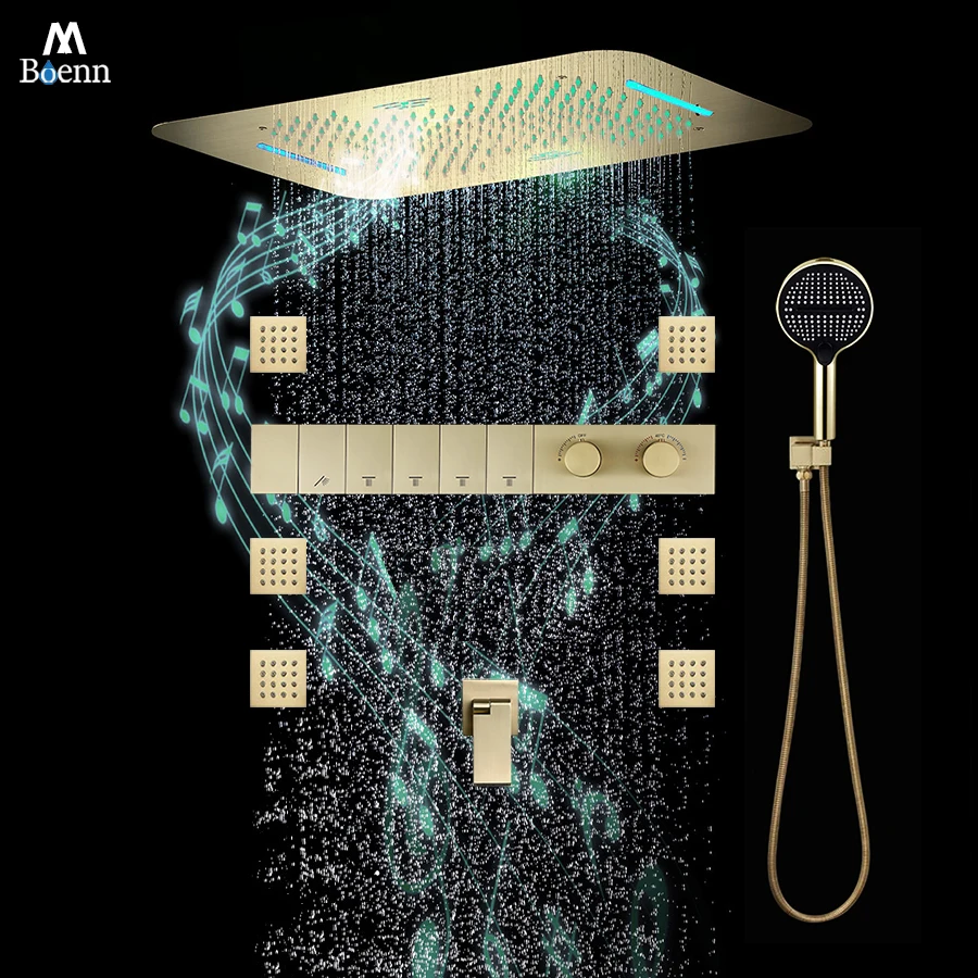 

Душевая система M Boenn из матового золота для двоих, умный термостатический смеситель, смесители для ванной, музыкальная душевая панель, душевая лейка с эффектом дождя