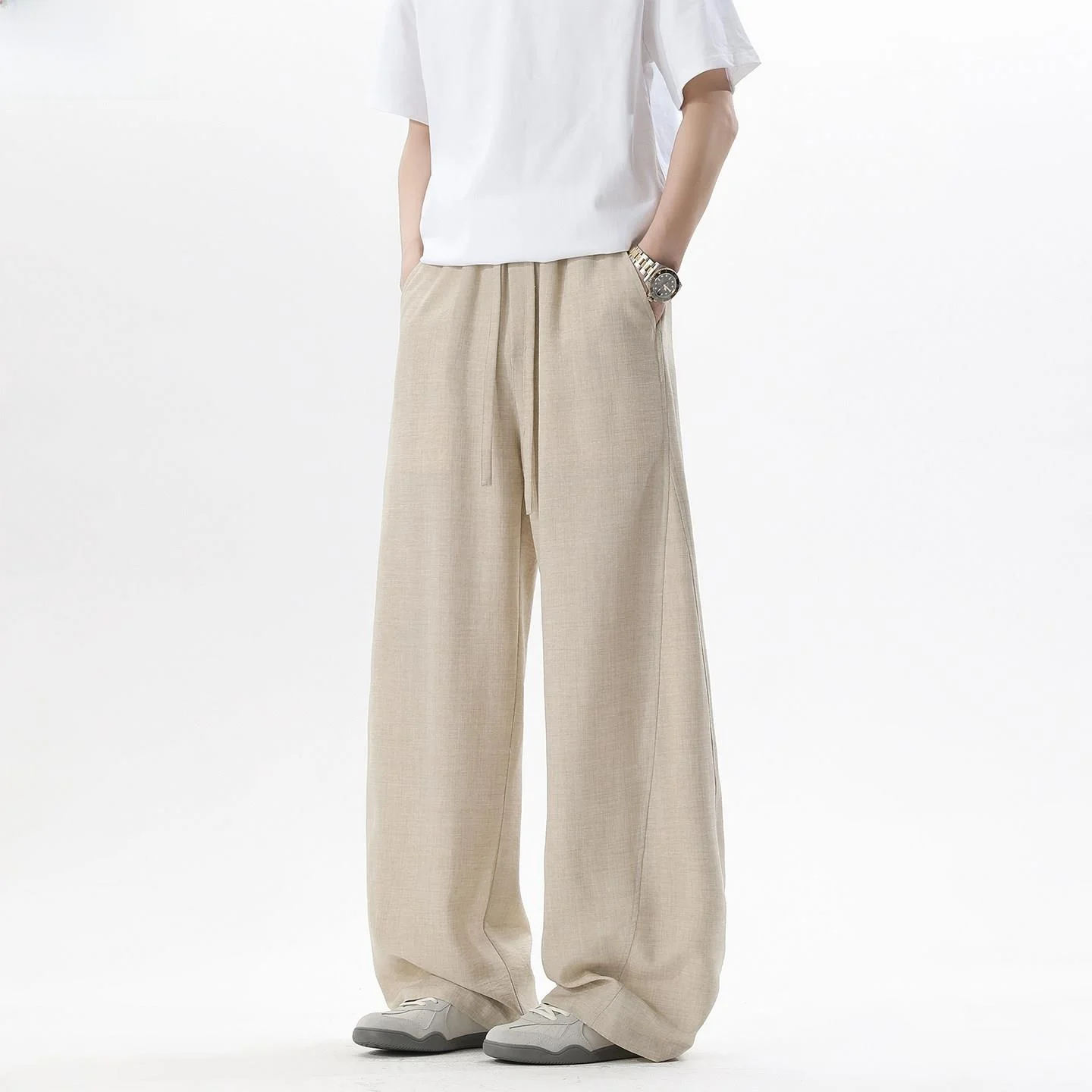 Casual Linen Men's Summer Thin Wide Leg Pants Anti-Wrinkle Loose Straight Cut Breathable Drapey Comfortable Trousers