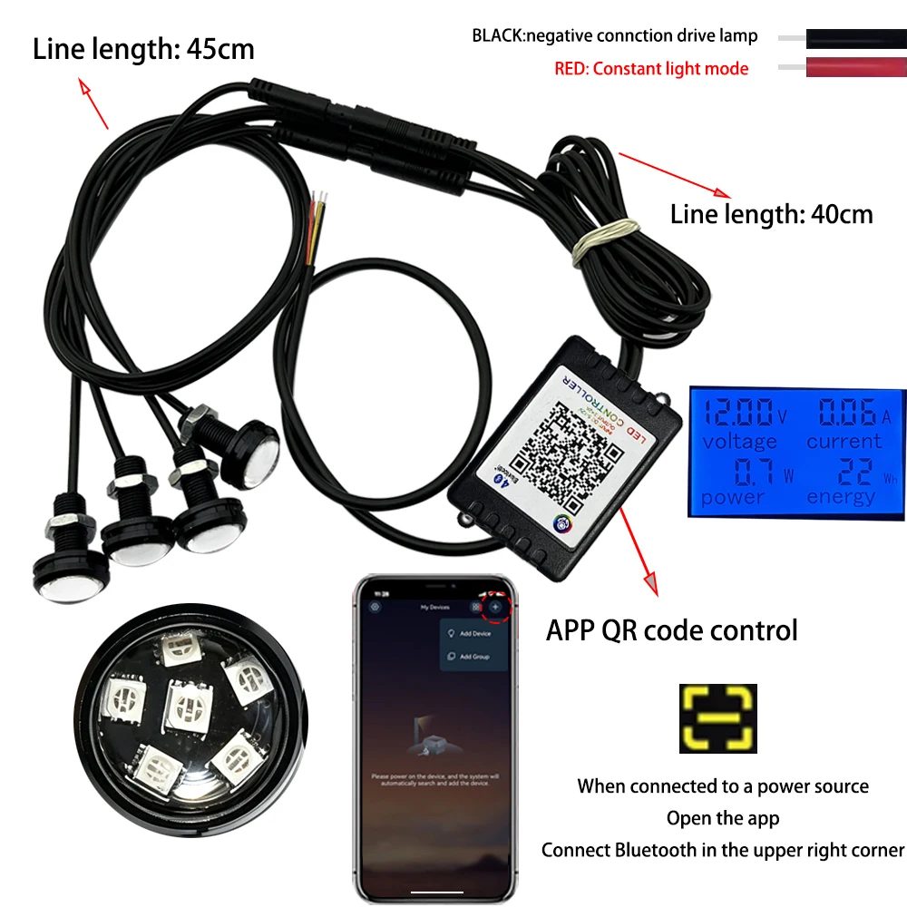 1v4 Motorcycle LED Bottom Light Kit,APP Controlled Music Mode IP68 Waterproof LED Light,Motorcycle Light RGB Decorative Light.