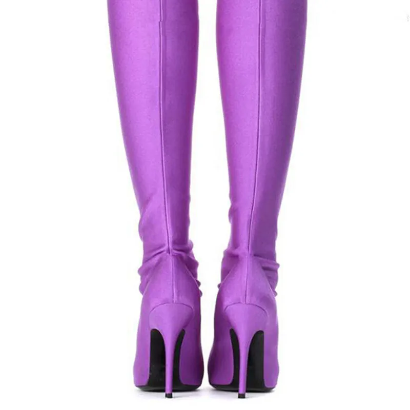 Mkkhu حذاء قصير أنيق للنساء جديد عالي الجودة مدبب مرن قماش كعب عالي أحذية برقبة ساق للتنقل للنساء