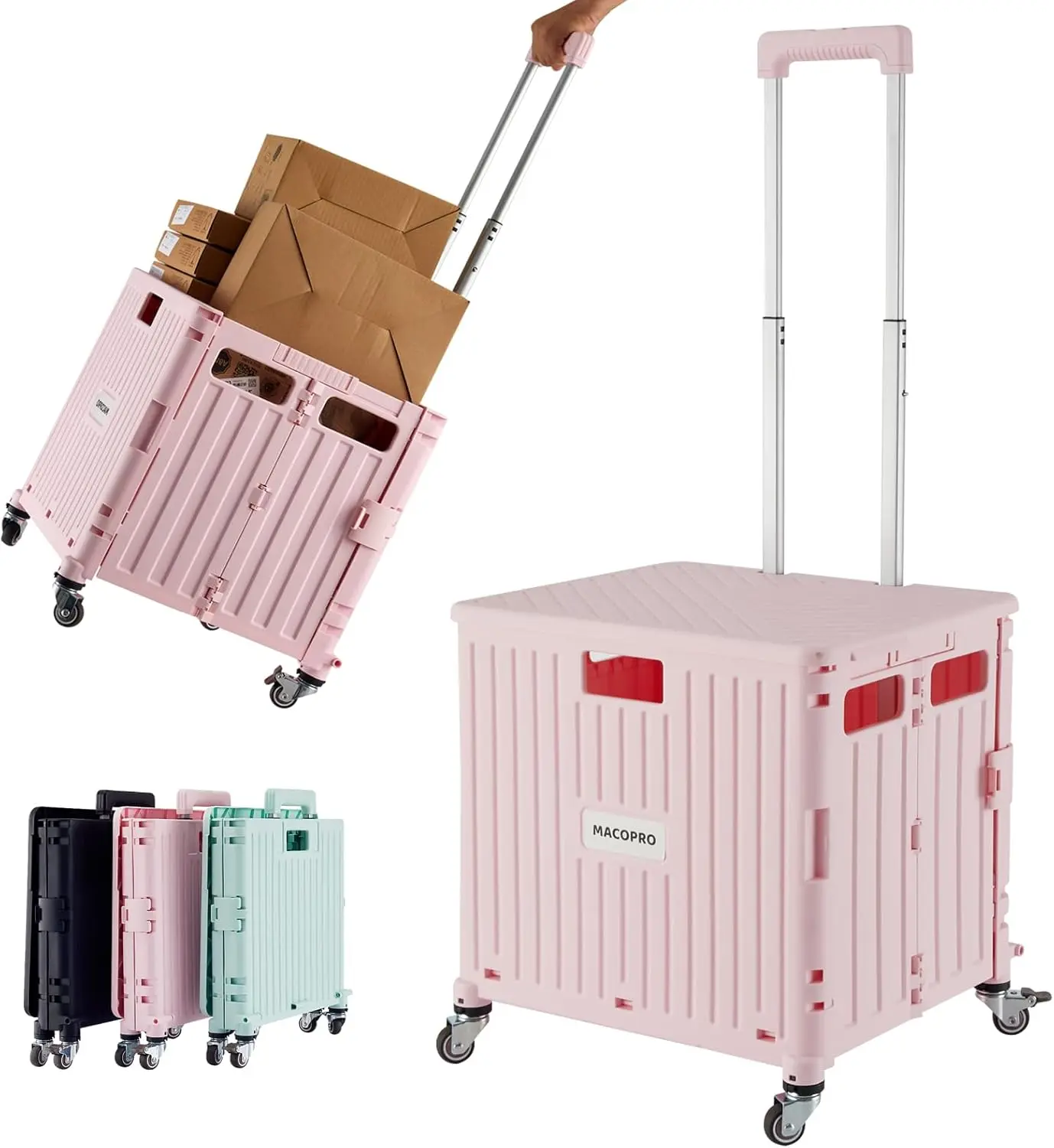 

Pink Folding Utility Cart with Lid & Wheels, Portable Rolling Crate for Grocery Shopping Office Teacher