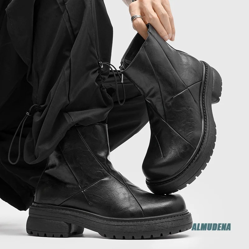 

Black Genuine Leather Men's Ankle Boots Round Toe Side Zipper Chunky Sole Streetwear Urban Outdoor Fashion Work Casual Shoes