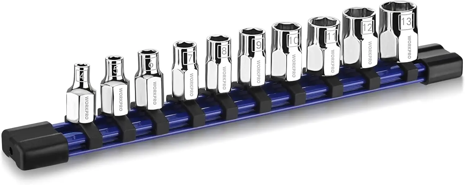 Conjunto de soquete métrico de unidade de 1/4', 10 peças de 6 pontos, 4-13 mm, com organizador e trilho de soquete