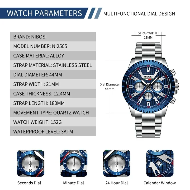 NIBOSI-Montre à quartz chronographe en acier inoxydable pour homme, horloge de sport, marque supérieure, mode de luxe, 2024