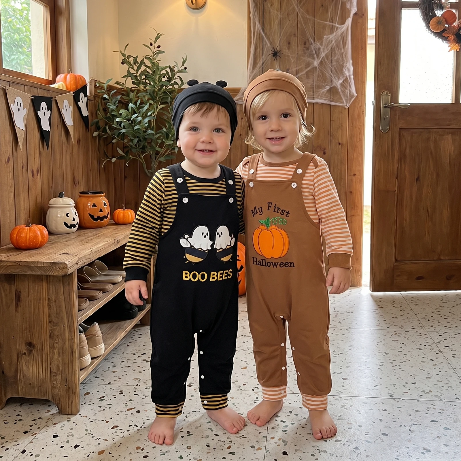 Infant Boy Halloween Clothes Long Sleeve Round Neck Stripe Romper with Ghost Overalls and Hat 3 Piece Set