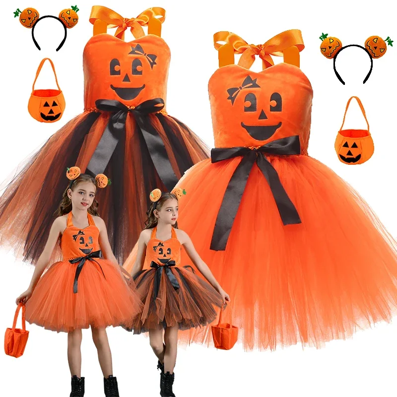 

Girl Pumpkin Halloween Tulle Dress Mesh Bow Carnival Gown Kids Party Wear Princess Dress Baby Girl Stage Performance Costume