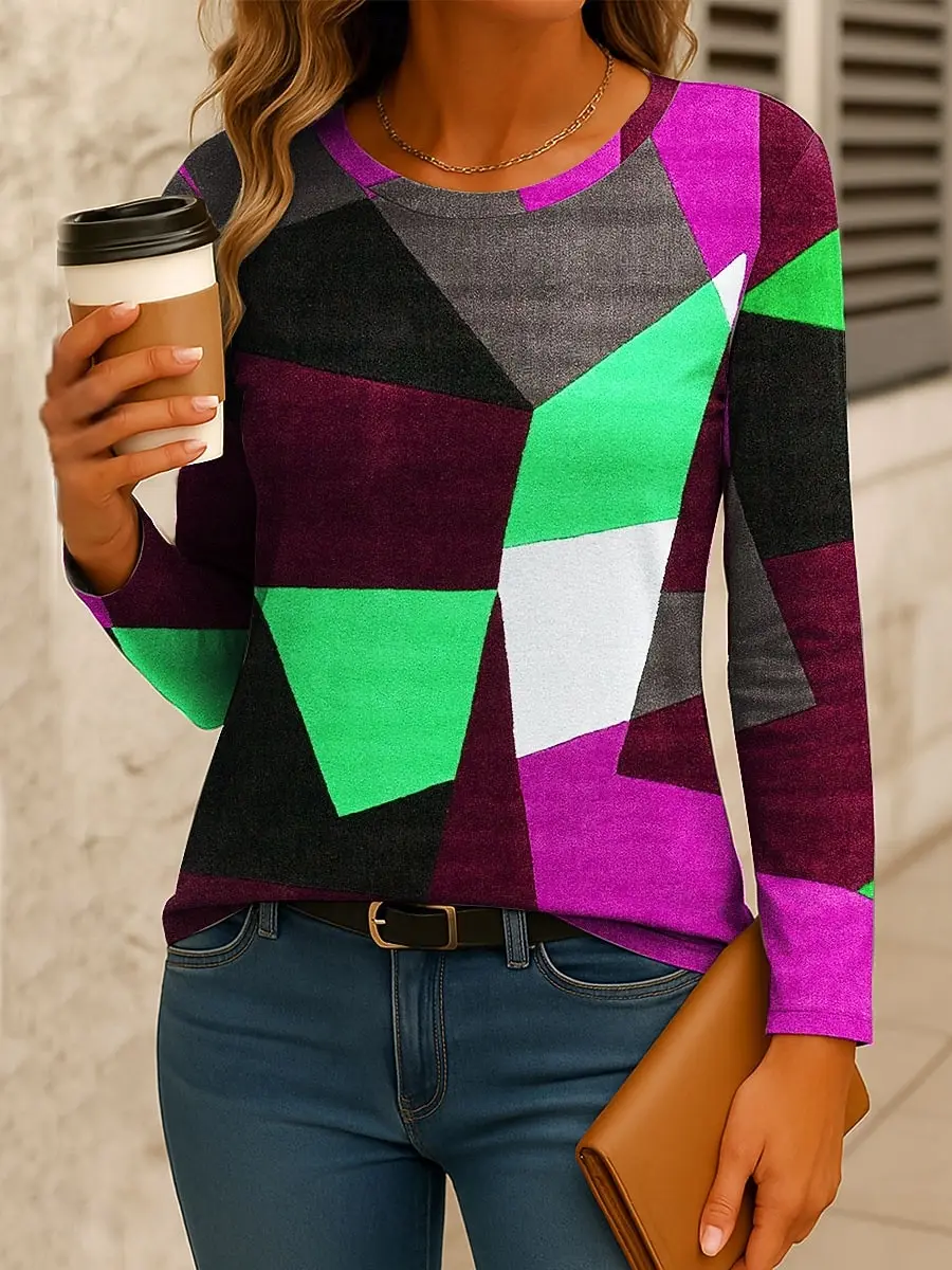 เสื้อยืดผู้หญิงลายเรขาคณิตสามมิติแบบไม่สมมาตร แฟชั่นแขนยาว คอกลม ทรงปกติ เหมาะสำหรับวันหยุดพักผ่อน ฤดูใบไม้ผลิและฤดูใบไม้ร่วง