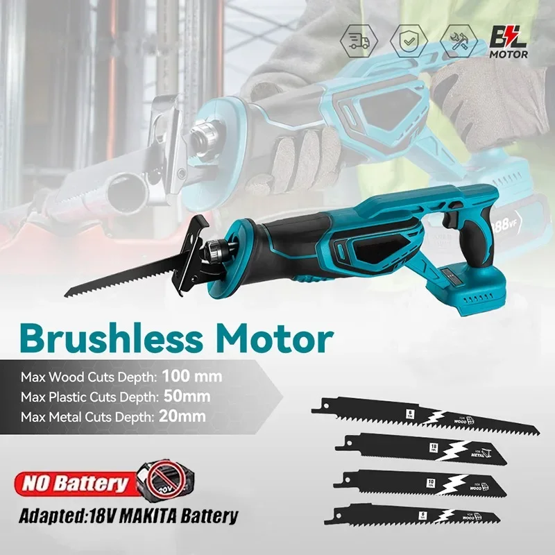 

18V Brushless Reciprocating Saw Handsaw Saber Multifunction Saw for Metal Wood Pipe Cutting with 4 Blades Kit For Makita battery