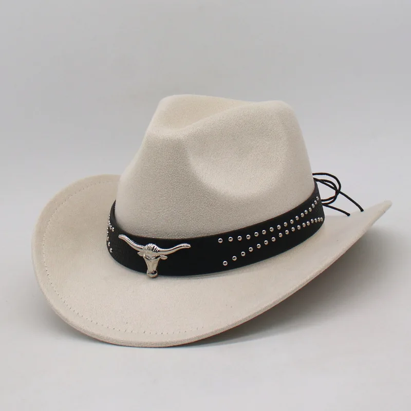 

Vintage Western Felt Cowboy Hat with Bull Head and Studded Decor Ethnic Style Curved Brim for Men Women Party & Performance Hat