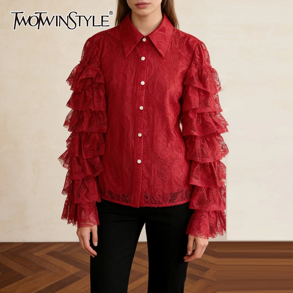 

TWOTWINSTYLE Solid Spliced Lace Basics Shirt Female Lapel Long Sleeve Loose Elegant French Women's Shirts Autumn Clothing New