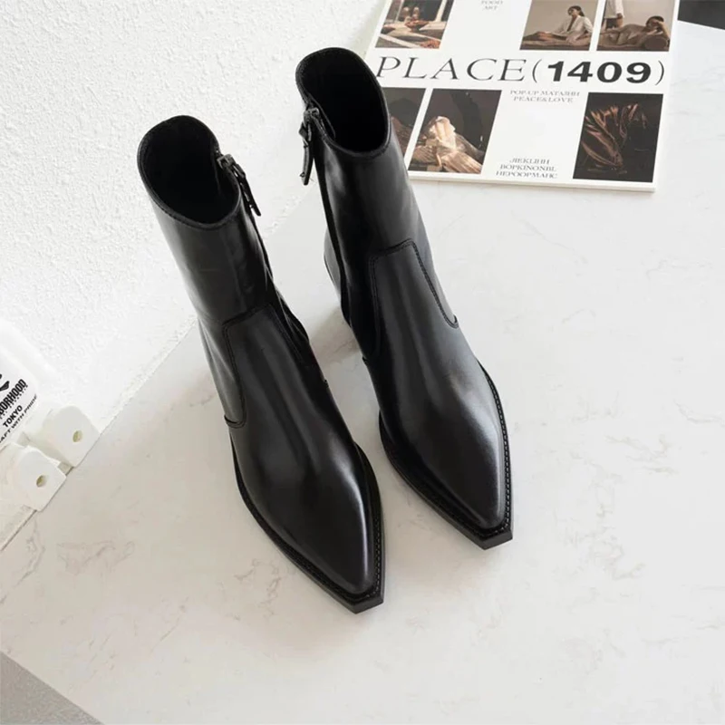 2024 New Ladies Square Toe Ankle Boots Fashion Chunky High Heels Women\'s Boots Casual Party Woman Shoes Black Boots