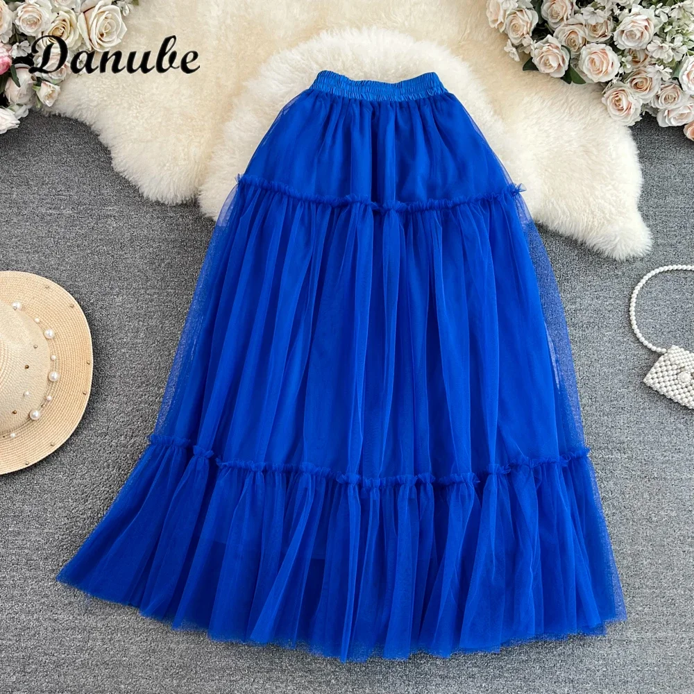 Vintage Tutu Tulle Pleated Long Skirt Women Spring Summer Elegant Design Luxury High Waist Mesh A-line Party Skirt Faldas Saias