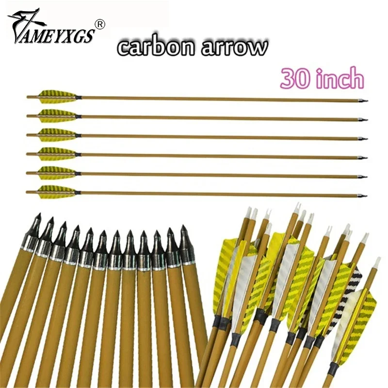 

30inch Archery Wooden Camo Pure Carbon Arrow Spine 500 4" Shield Turkey Feather Vanes Replaceable Arrowhead For Compound Recurve