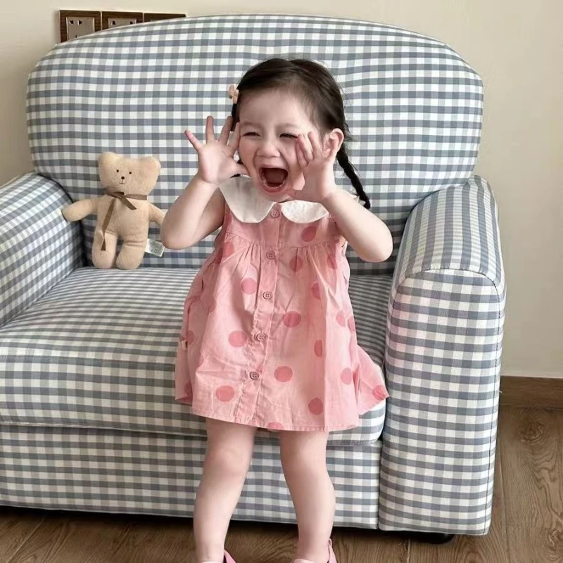 2026 Summer New Children's Elegant Doll Neck Embroidered Pattern Color Blocked Wave Button Dress