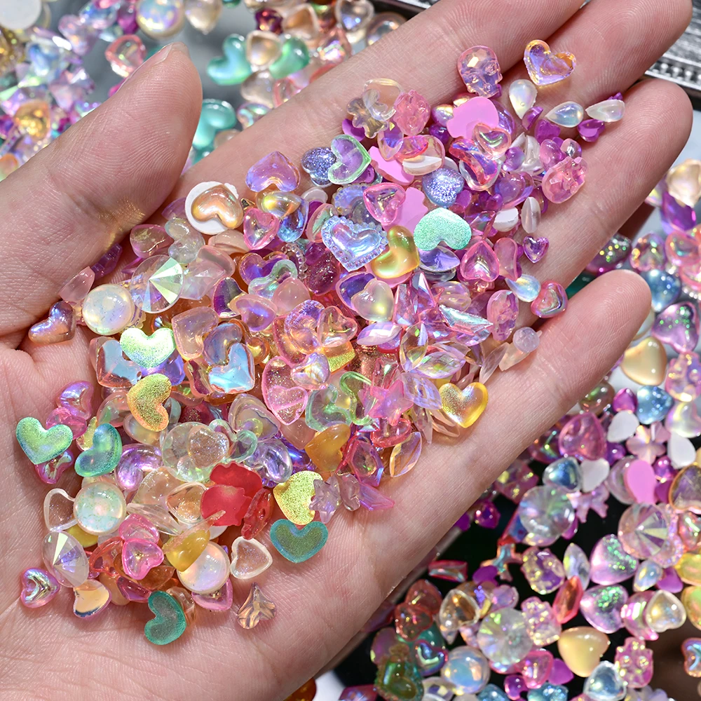 24 rejillas 3D Aurora amor-corazón dijes para uñas brillo colorido amor Y2K decoraciones para uñas corazón de resina manualidades DIY accesorios de manicura