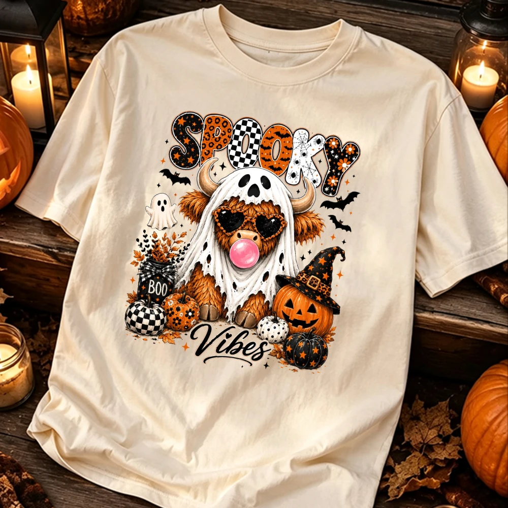 Spooky Season Gift Graphic T Shirts Cotton Spooky Vibes Highland Cow Graphic Printed Tee Women Men Fall Short Sleeve Top