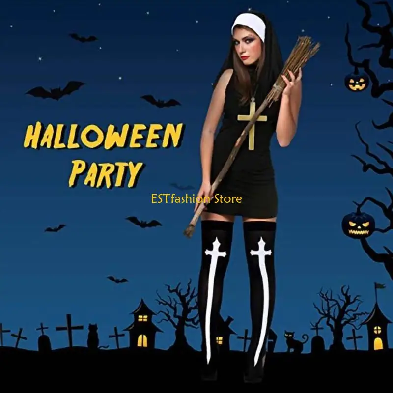 ملحق Y5GC NUN COSTUME مجموعة مع قبعة أزياء نون الكاثوليكية ، قلادة قلادة متقاطعة ، جوارب الجوارب عالية الفخذ الطباعة