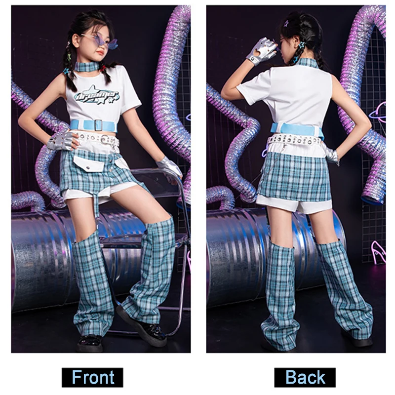 Abbigliamento da ballo jazz per bambini Ragazze Kpop Abbigliamento da performance sul palco Crop Top Pantaloncini Sfilata di moda Abito da ballo di strada blu 2459