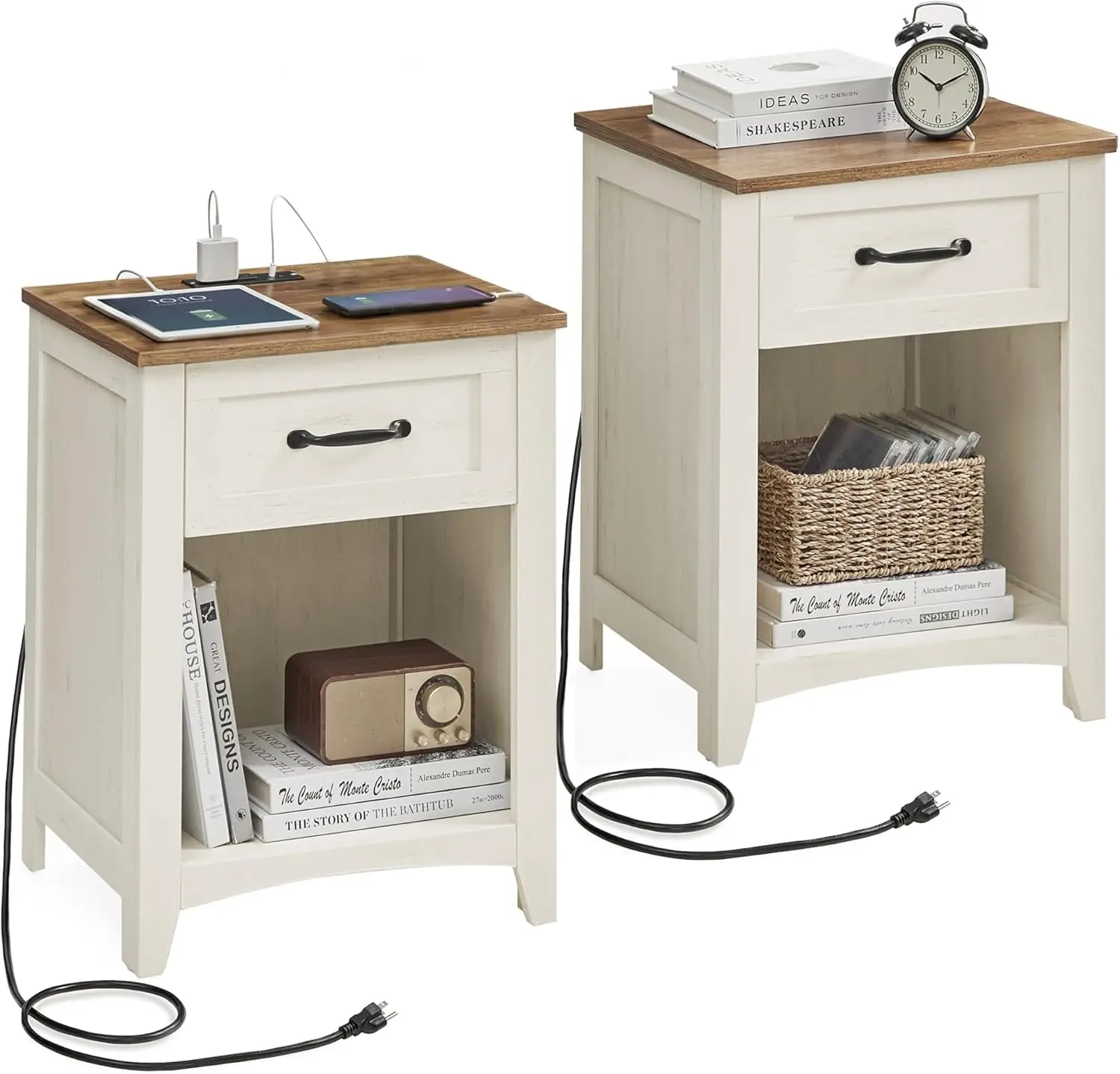 

Nightstands With Charging Station, Set Of 2 Bedside Tables, Side Tables With Drawer, Open Co