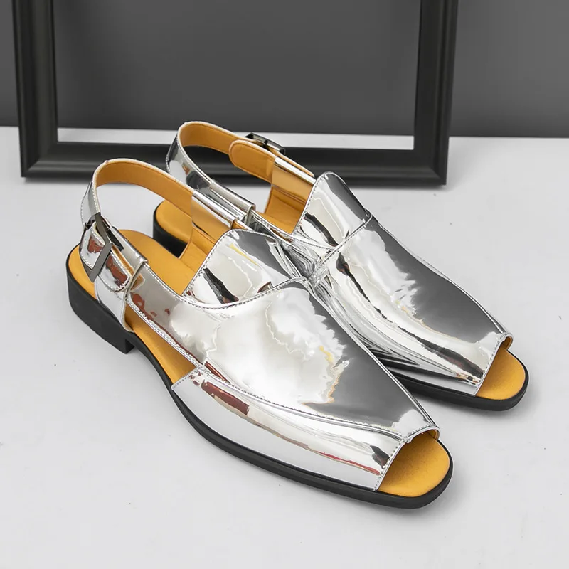 golden silver black shoes man peep toe formal sandals men designer luxury summer shoes man dress shoes barefoot sandals