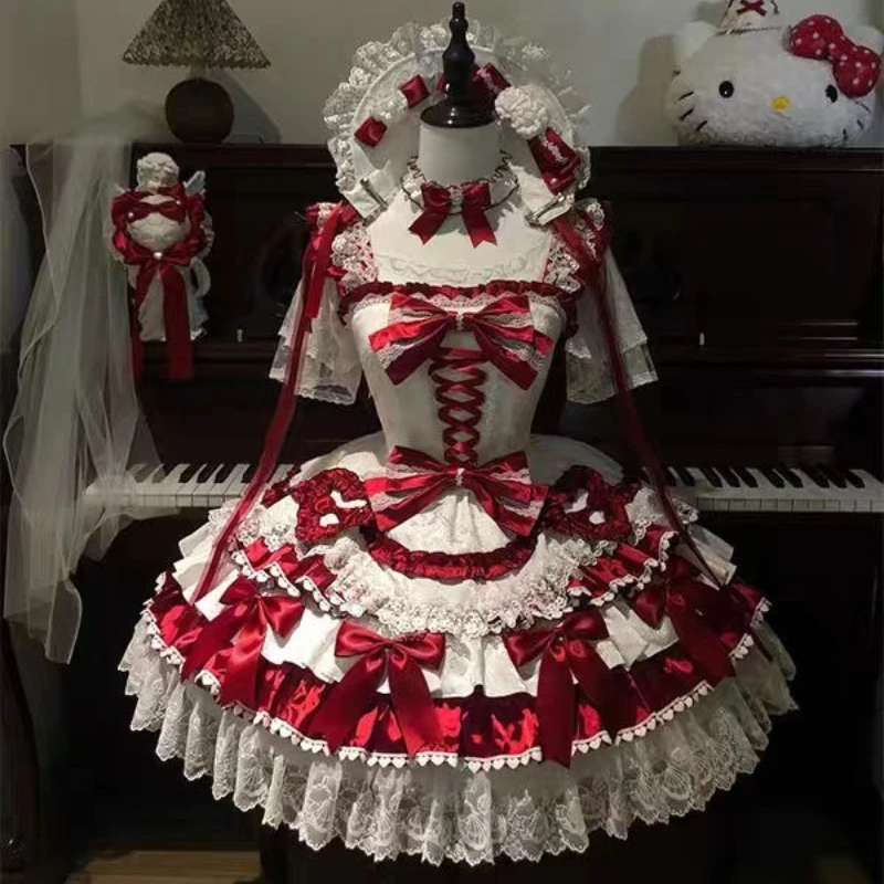 

Красно-белое платье в стиле Лолита с клубничным принтом и бантом, балетное платье принцессы для девочек, на день рождения, пышное платье-пачка Лолита, праздничное платье для девочек с цветами