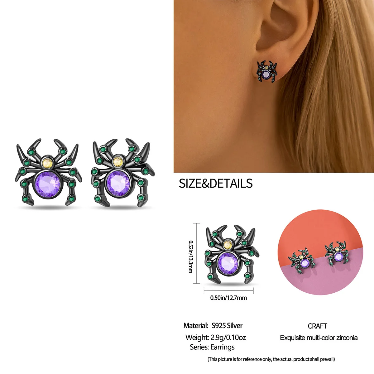 New Original 925 Sterling Silver Dark Spider Purple Zircon Earrings for Women Fashion High Quality Birthday Gift Fashion Jewelry