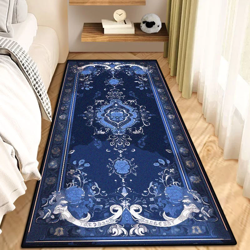 Tapis de chevet bleu bohème pour chambre à coucher, tapis long antidérapant doux pour entrée, sans peluches, facile à nettoyer, décoration pour la maison, tapis de couloir