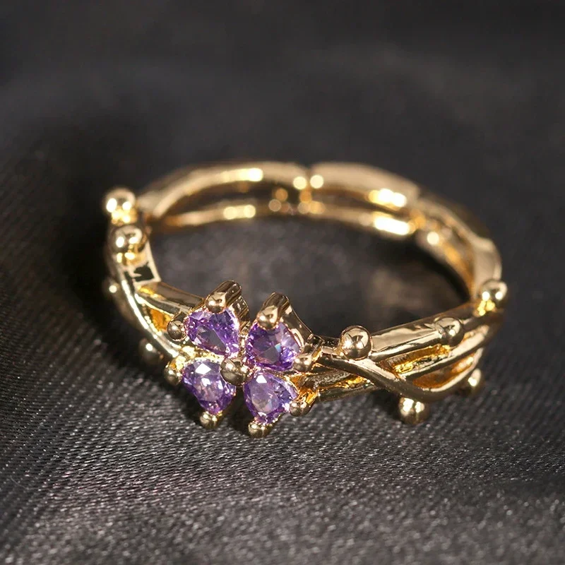 Cute Romantic Purple Four Leaf Zircon Flower Adjustable Rings for Women New Charm Gold Color Stainless Steel Finger Jewelry Gift