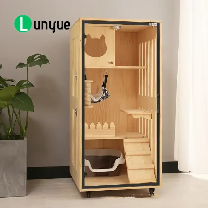 Large Solid Wood Cat House Cabinet Japanese Style Indoor Pet Villa Luxury Furniture Cage for Cats Durable Spacious Home Decor