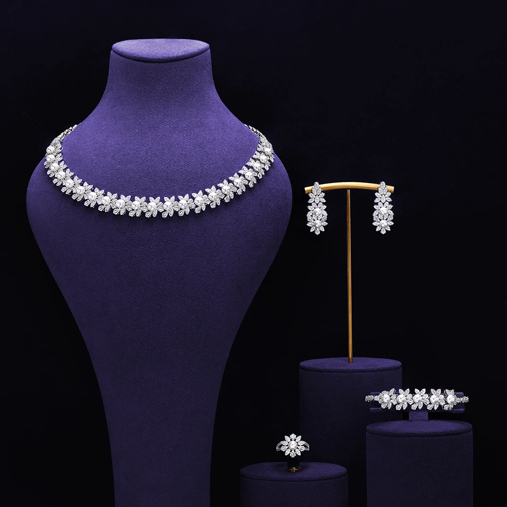

4PCS Wedding Jewelry Set Cubic Zircon Pearls Necklace Set For Women Jewelry Dubai UAE Party Accessories