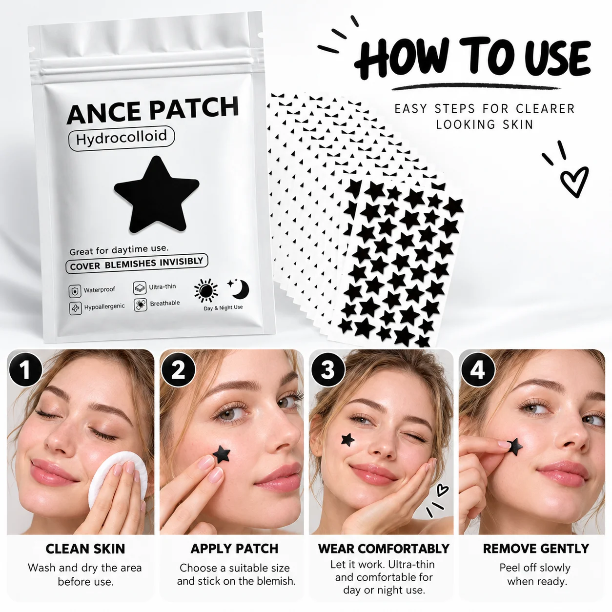 440PCS Black Star Pimple Patches, Cute Hydrocolloid Acne Patch Stickers, Fun Shape Beauty Accessories for Daily Use