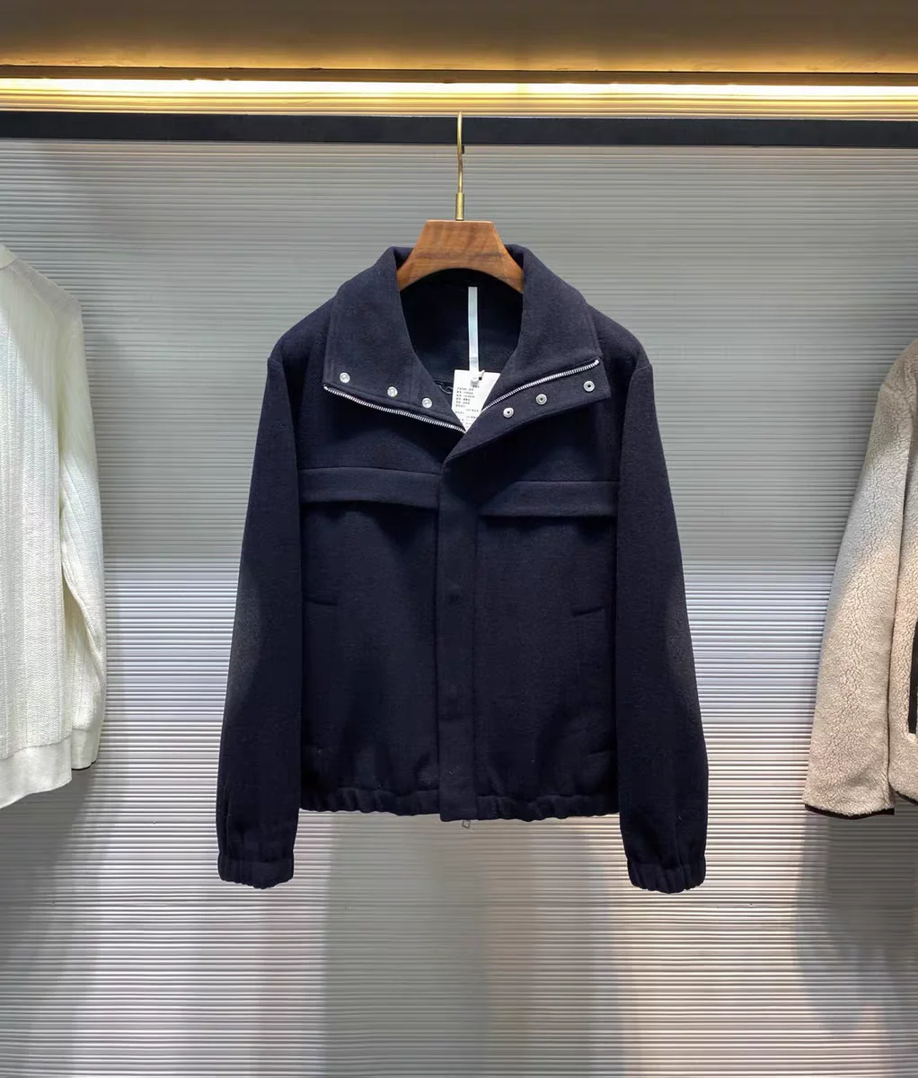 

Men's Autumn Winter 00% Wool Jaet Stand Collar Patchwork Color Print Ba e Label Elbow Printed Outerwear Coat