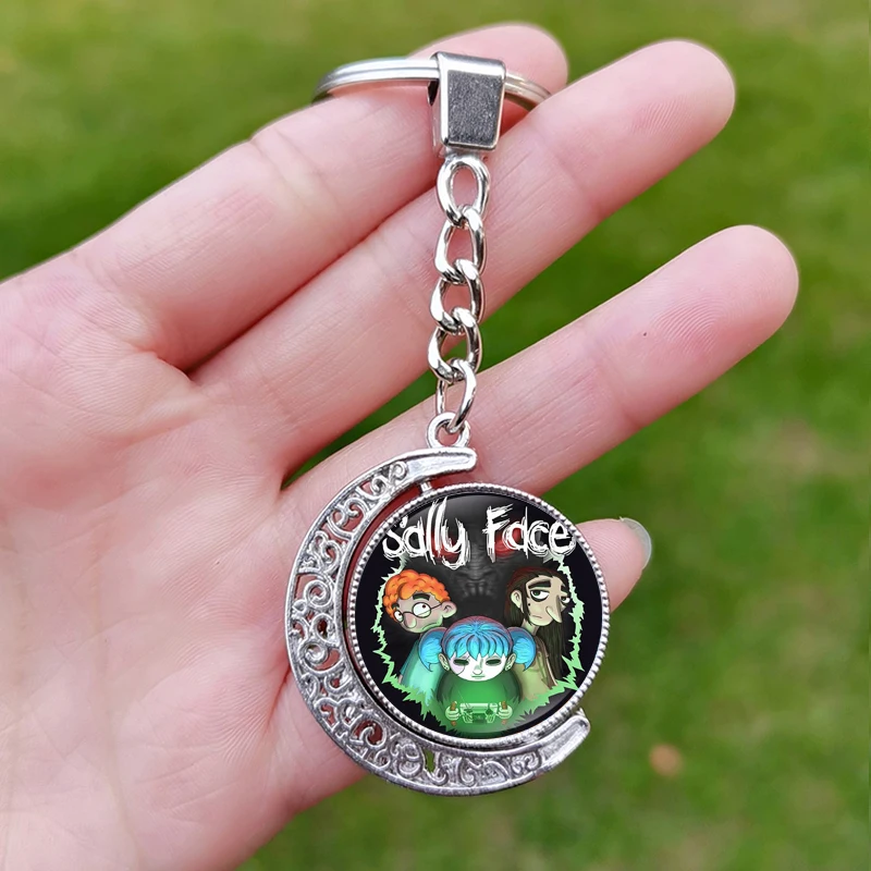 New Sally Face Figures Keychain for Fans Exquisite Glass Cabochon Double Sided Rotated Pendant Anime Game Key Chain Jewelry Gift