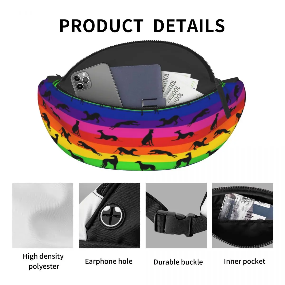 Greyt Greyhound Rainbow Fanny Pack pour hommes et femmes, Whippet personnalisé, Sighthound Dog, Crossbody, Waist Bag, Running Phone, Money Powder