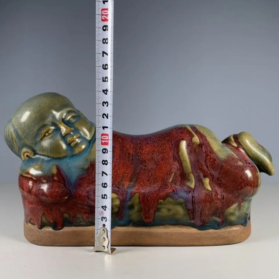 Chinese Wenwan Porcelain Ornament, Song Jun Kiln Flambe Glaze Handmade Fu Lucky Baby Figurine Decor Statue