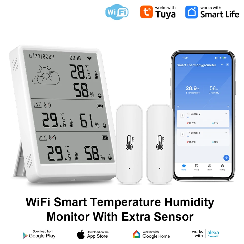 Tuya WiFi Digital Indoor Thermometer Hygrometer RF433 Temperature Humidity LED Display App Remote Monitoring Clock Calendar
