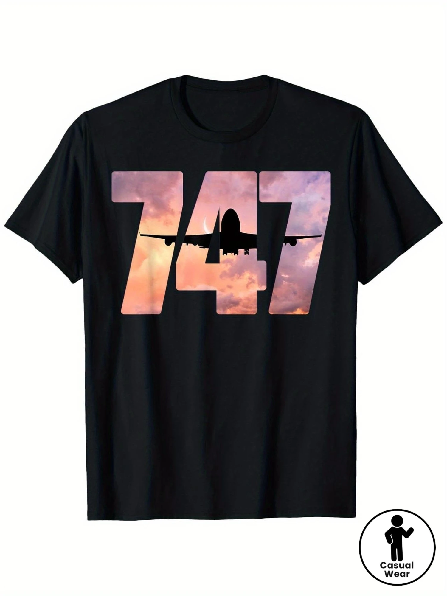 Men's 747 jumbo jet aircraft aviation themed printed T-shirt adorned with sunset sky and airplane patterns, casual sleeved top