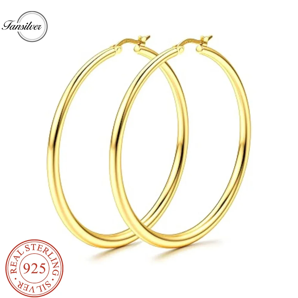 Fansilver Hoop Earrings S925 Sterling Silver Hypoallergenic Big Hoops 14K Gold Plated Stylish Earrings with Lightweight Hoops