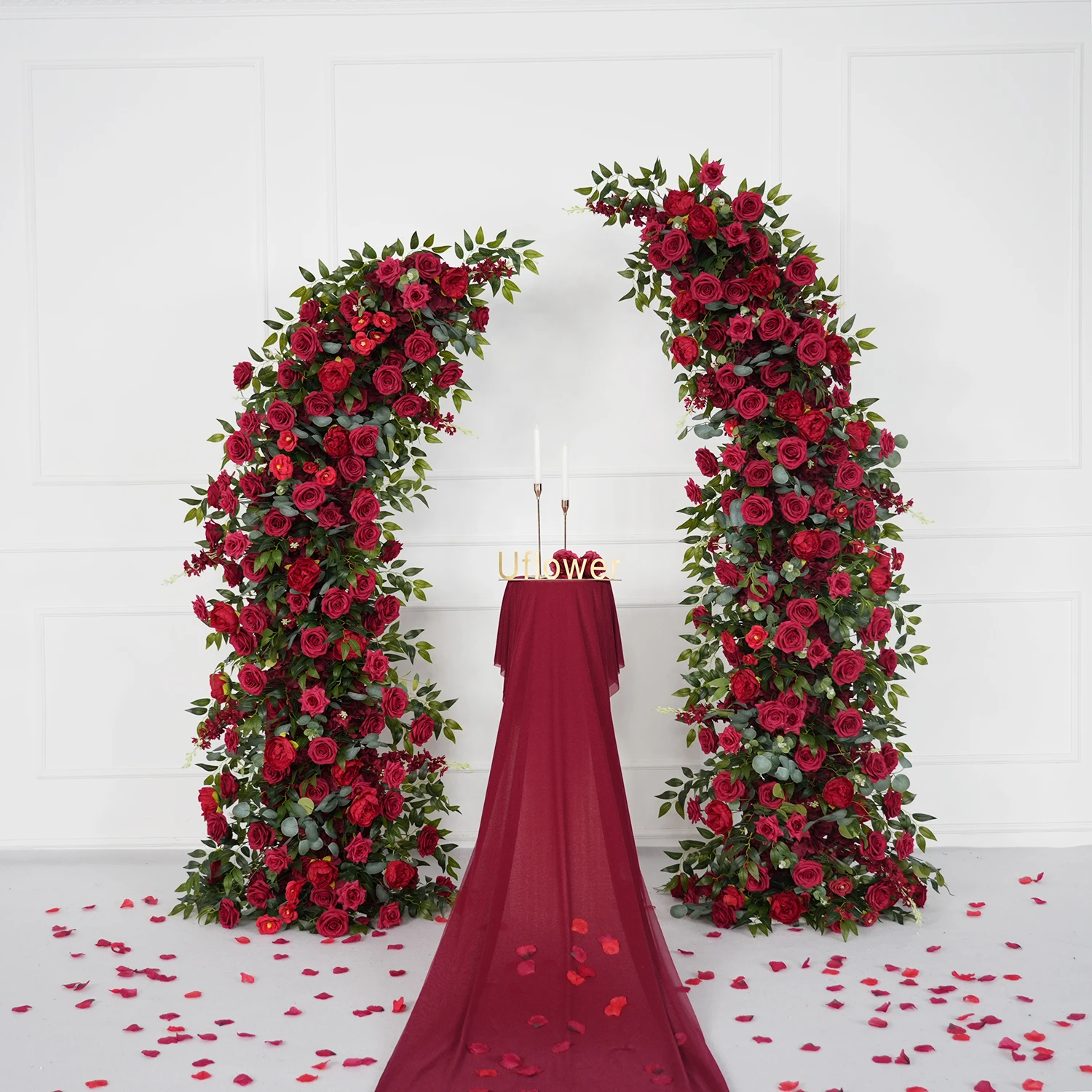 

Uflower Red Rose Greenery Wedding Flower Decoration Backdrop Horn Arch Decor Flower Party Event Window Display Flora Arrangement