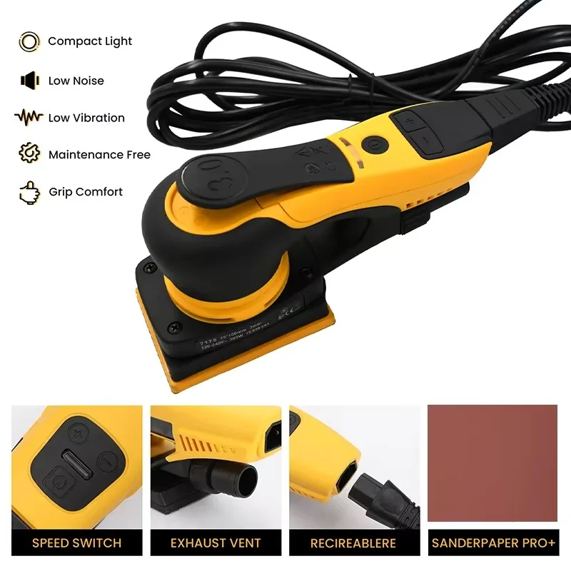Electric Random Orbital Sander 300W Mini Polisher Machine Pluggable Wire Central Vacuum Corner Sanding Machine for Wood Working