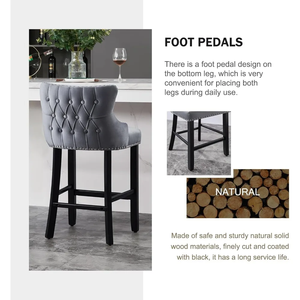 مجموعة من 4 مقاعد بارتفاع مخملية معنقدة مع مسند ظهر ومقاعد خشبية منجدة لجزيرة المطبخ وتناول الطعام والمقهى وP