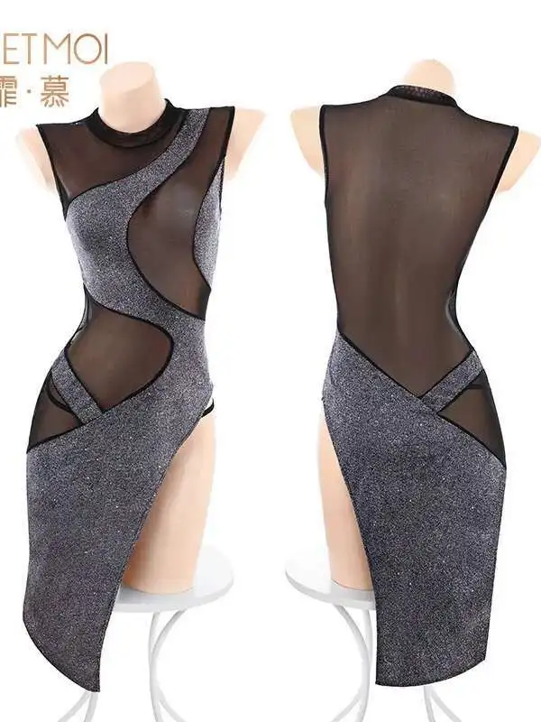 جديد مثير 2025 جولة الرقبة مشرقة شبكة الربط شير أكمام فستان المرأة Cinching الخصر سليم عالية الشق فستان طويل D83R